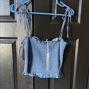 She + Sky Dusty Blue Smocked Tie-Strap Cami with Ruffle Hem